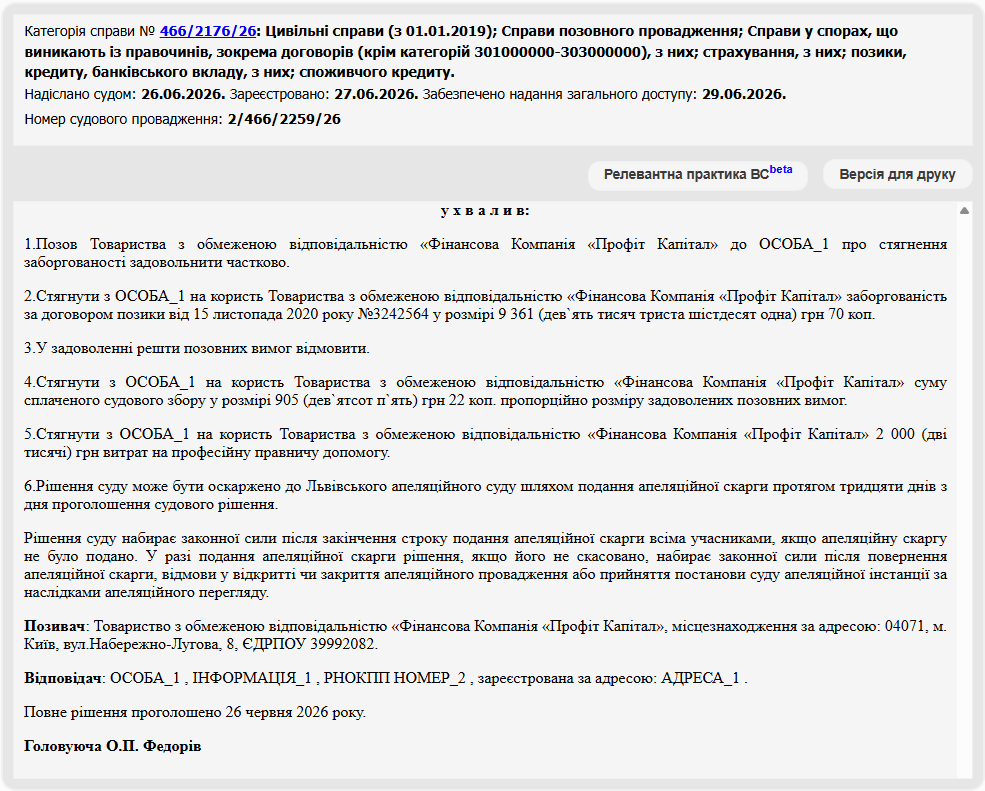 Справа № 466/2176/26: Зменшили позовні вимоги «Профіт Капітал» на 18 000 грн